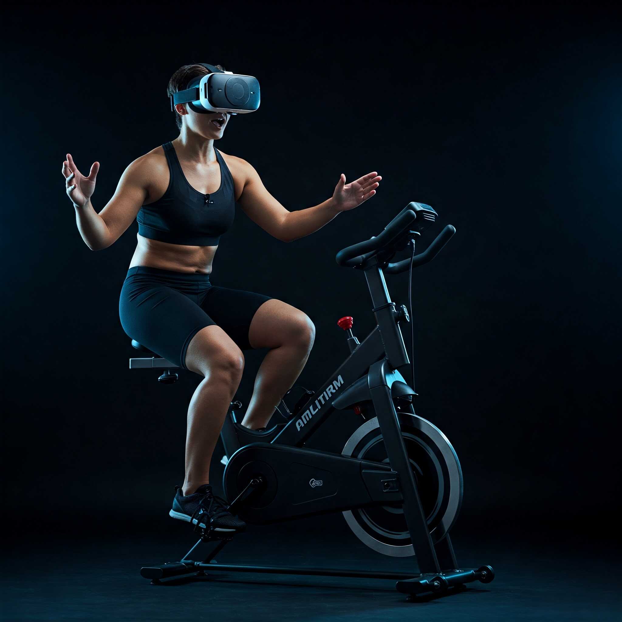 Mujer usando VR en bicicleta estática para entrenamiento inmersivo.