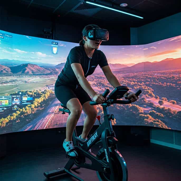 Persona usando VR en bicicleta de spinning en entorno inmersivo.