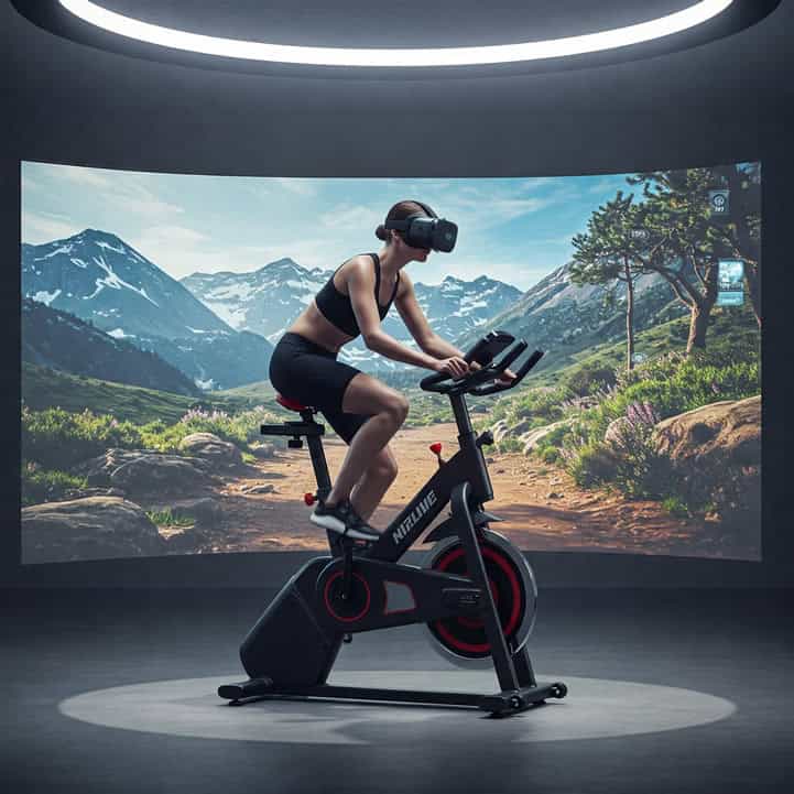 Mujer usando VR en bicicleta estática en entorno virtual de montañas.