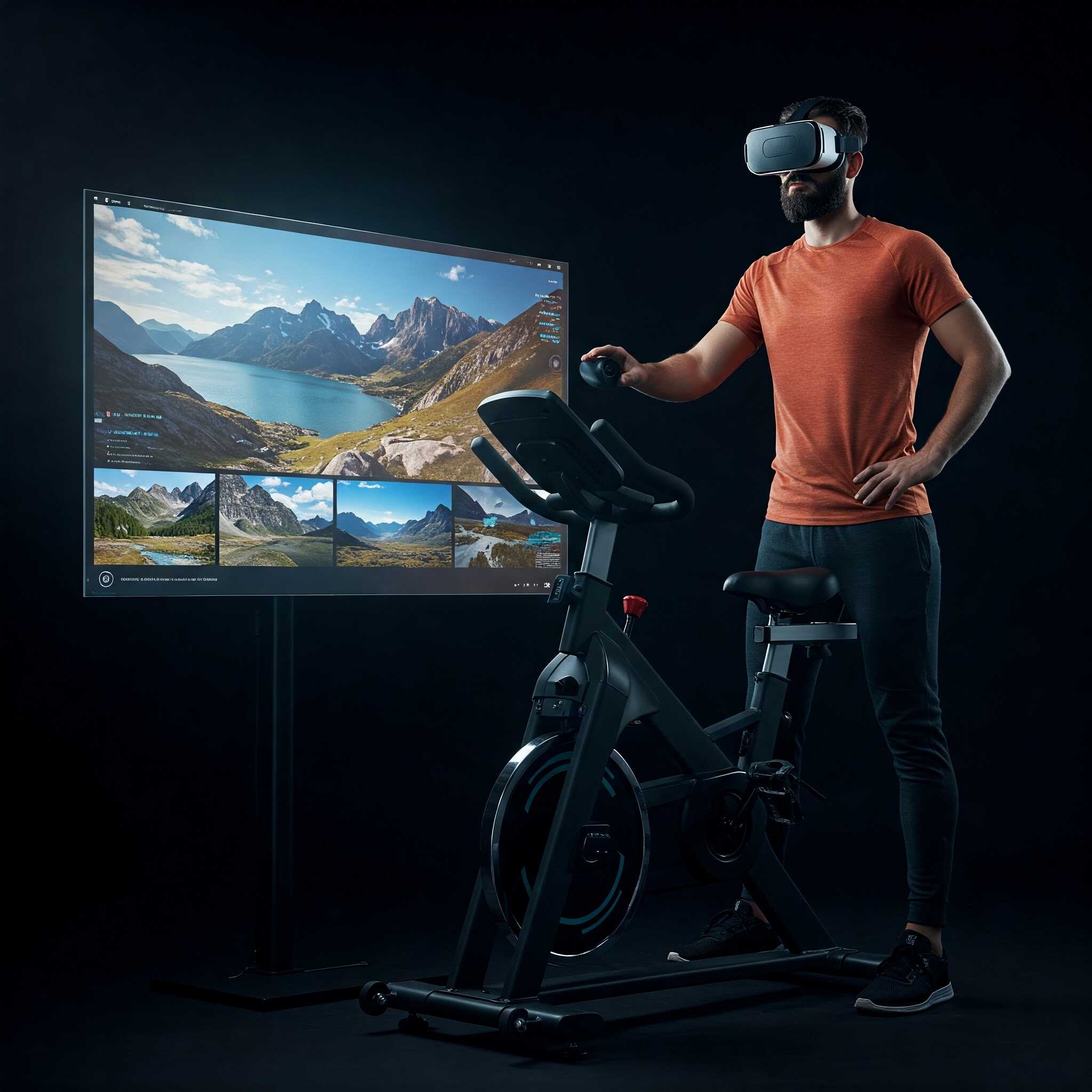 Persona usando VR en bicicleta de spinning con pantalla de paisaje.