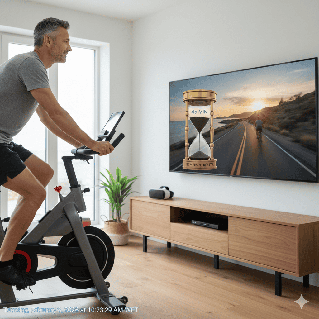 Hombre entrenando en bicicleta de spinning VR AJ Spinning en casa.
