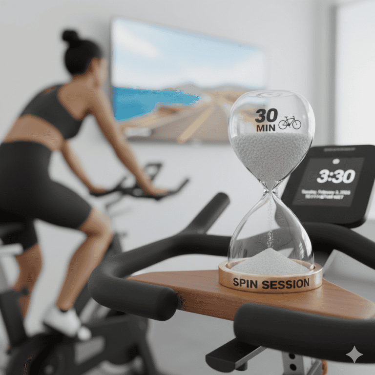 Sesión de spinning en realidad virtual con reloj de arena y pantalla.