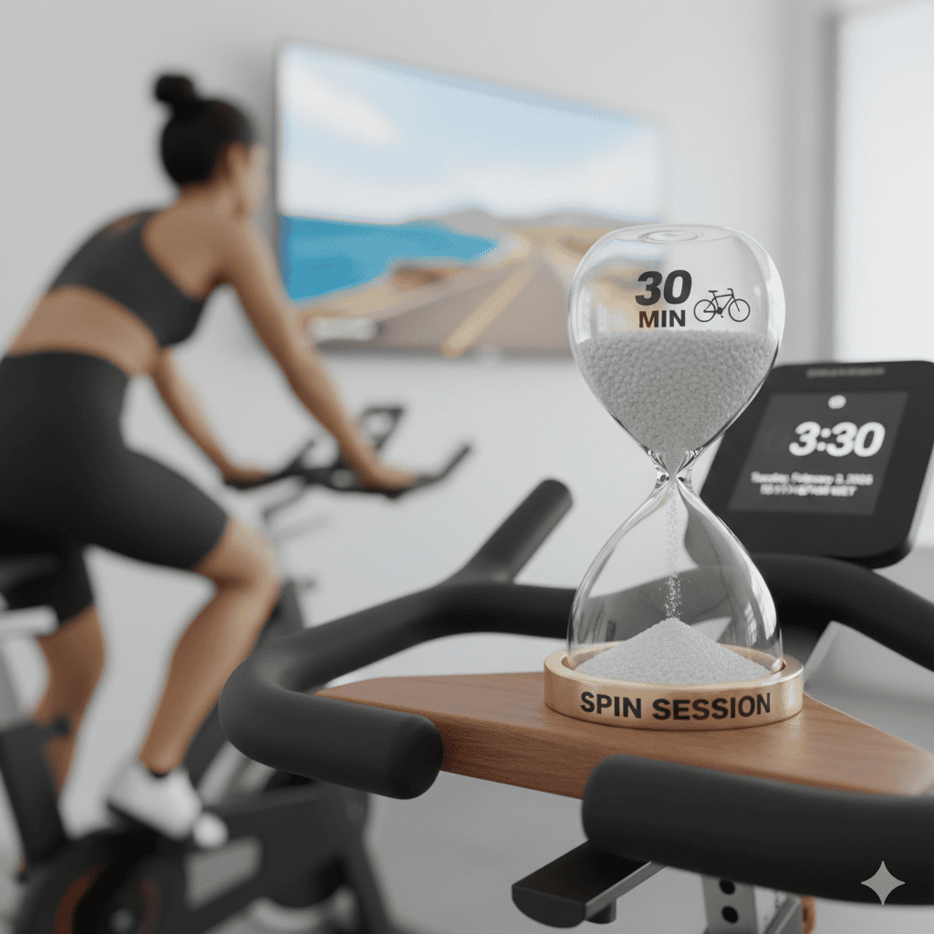 Sesión de spinning en realidad virtual con reloj de arena y pantalla.