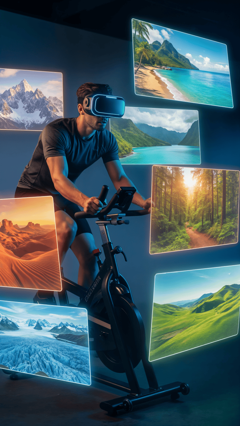 Experiencia de realidad virtual con vistas de paisajes naturales y montañas.