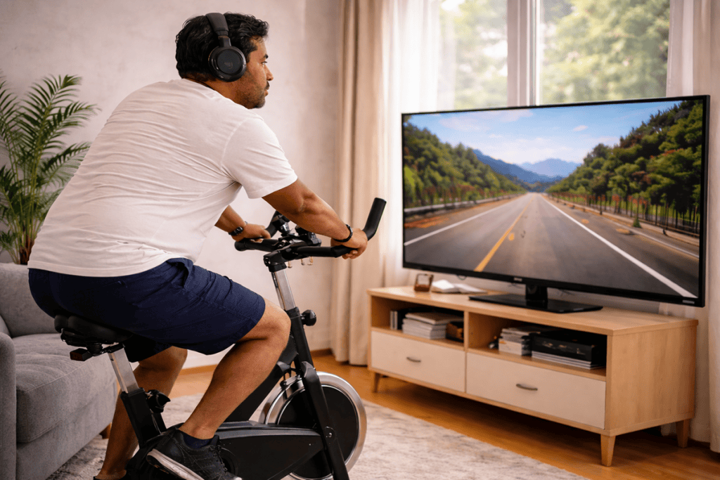 Persona usando bicicleta estática VR en un entorno interior.