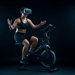 Mujer usando Oculus VR en bicicleta de spinning en un entorno oscuro.