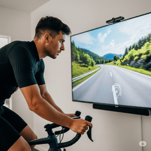 Persona usando bicicleta de spinning en realidad virtual en un entorno de entrenamiento.