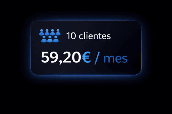 Visualización de ingresos mensuales de clientes en VR con 10 clientes y 59,20€.