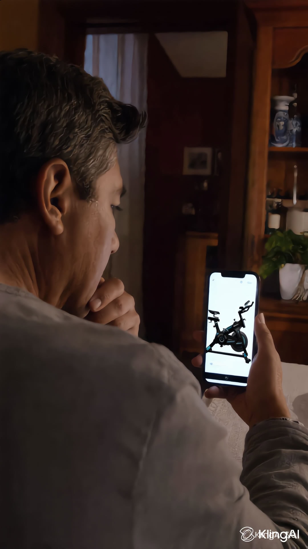Persona usando un teléfono para controlar una bicicleta de spinning VR.