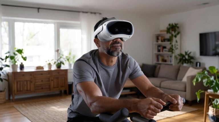 Hombre usando gafas de realidad virtual en un salón moderno.