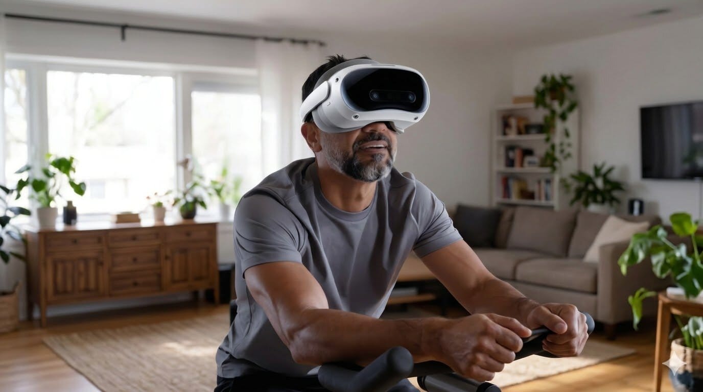 Hombre usando gafas de realidad virtual en un salón moderno.