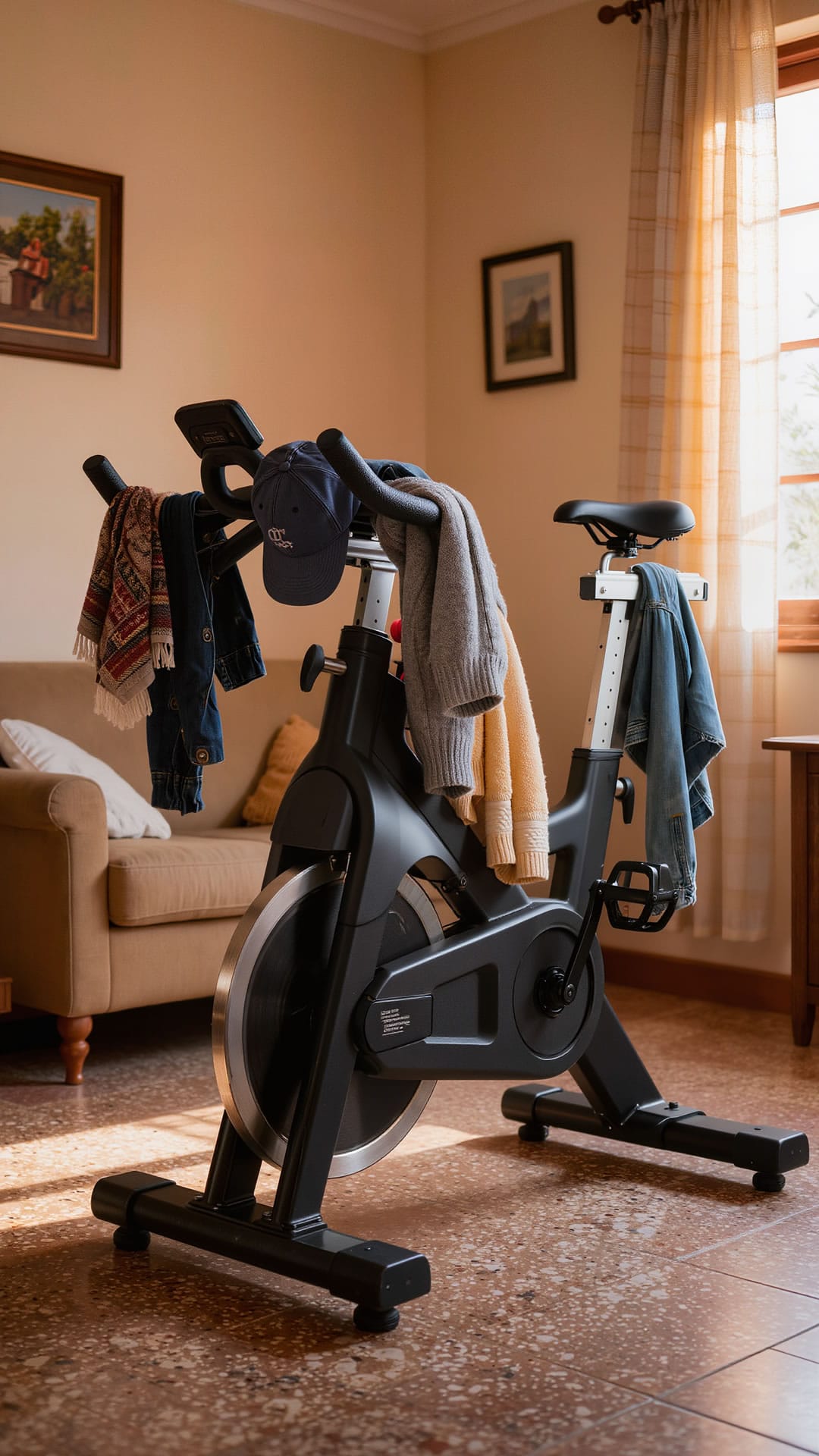 Bicicleta de spinning VR para ejercicio en interiores con ropa colgada.