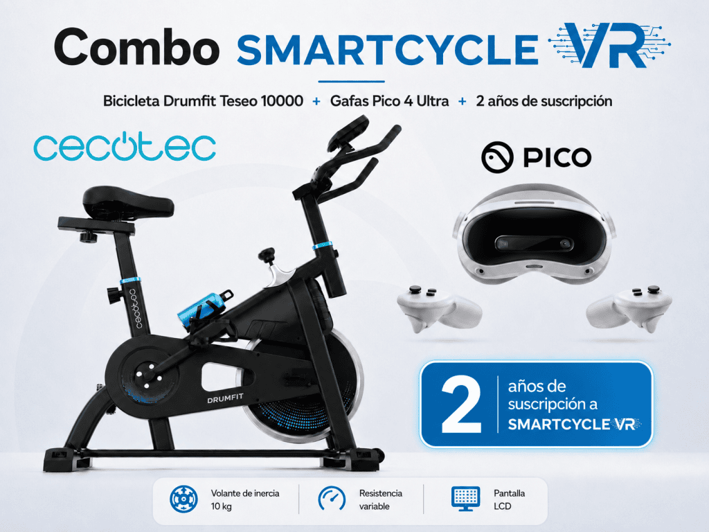 Bicicleta de spinning VR con gafas y accesorios en promoción Combo Tenerife.
