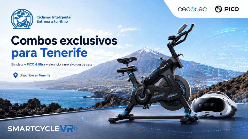 Bicicleta de spinning VR para Tenerife con vista volcánica y mar.