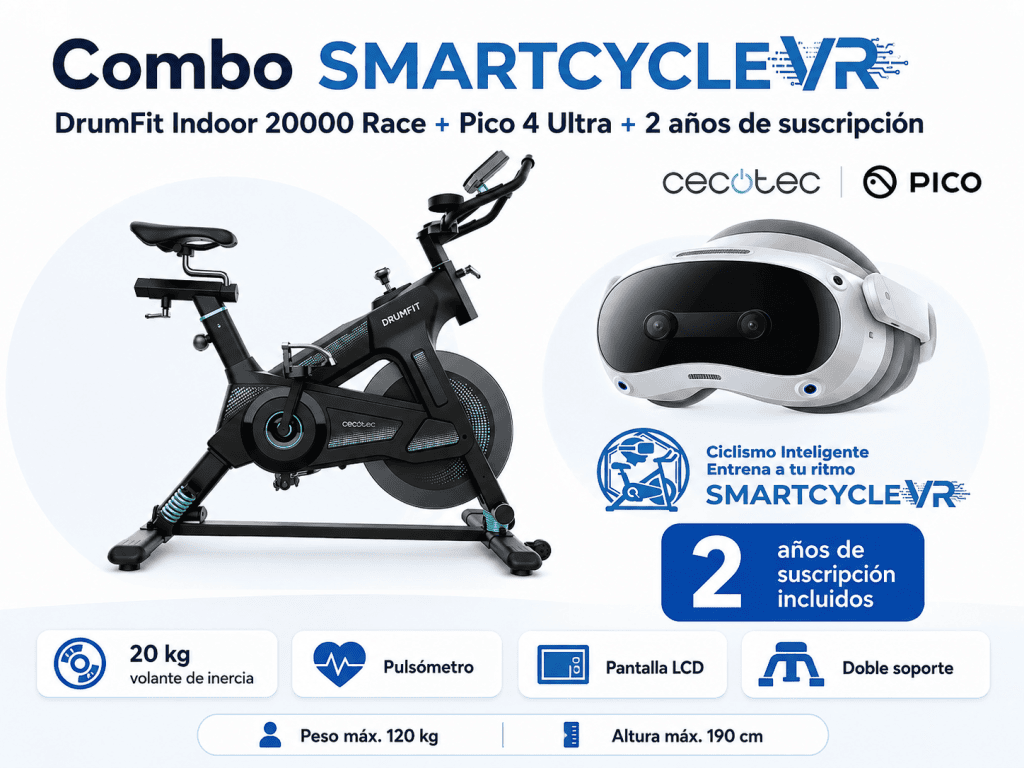 Bicicleta estática de spinning con visor de realidad virtual y pantalla LCD.